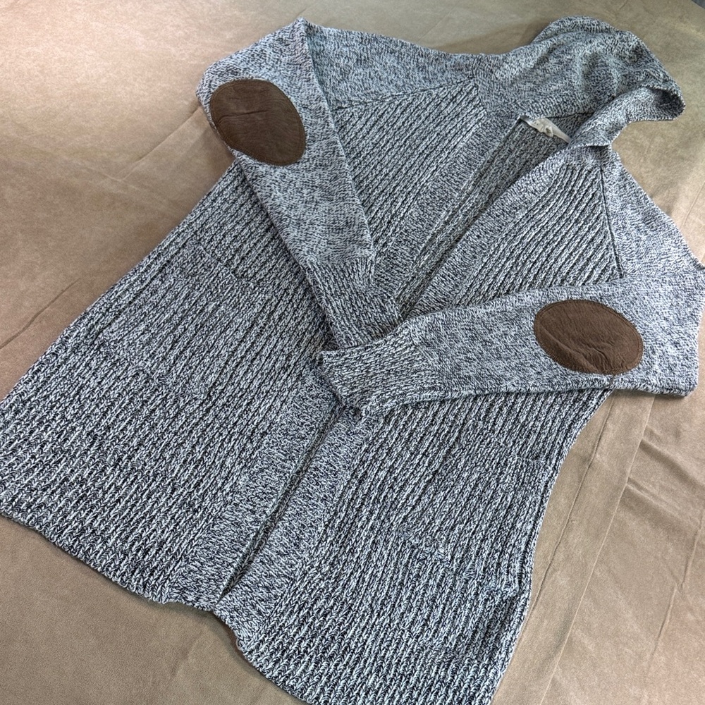 Harper Gray Hooded Cardigan with Brown Elbow Patches